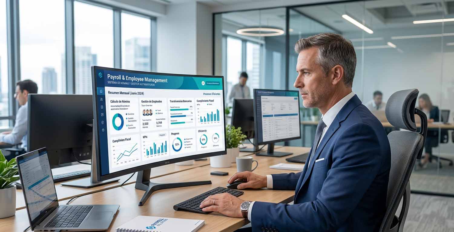 ejecutivo trabajando frene a un sistema digital de payroll y gestión de empleados, con paneles de ocntrol, métricas y reportesen pantalla en una oficina moderna