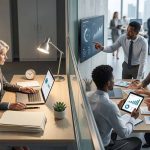 payrolling vs gestión de nómina interna: Imagen dividida con un profesional gestionando porcesos de nómina en forma interna desde su escritorio y a la derecha, un equipo analizando indicadores y reportes de payroll en una reunión de trabajo.