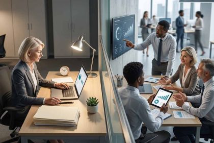 payrolling vs gestión de nómina interna: Imagen dividida con un profesional gestionando porcesos de nómina en forma interna desde su escritorio y a la derecha, un equipo analizando indicadores y reportes de payroll en una reunión de trabajo.