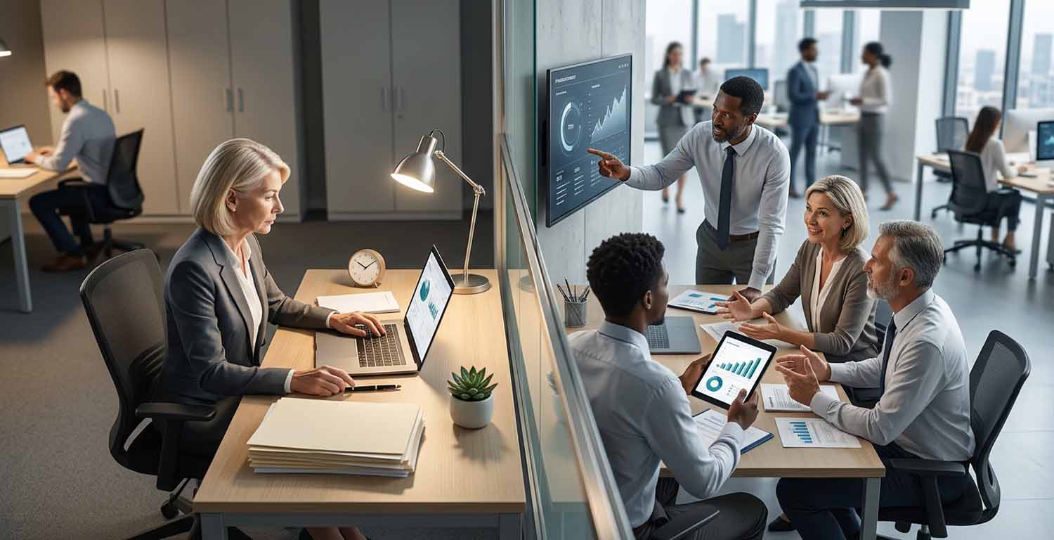 payrolling vs gestión de nómina interna: Imagen dividida con un profesional gestionando porcesos de nómina en forma interna desde su escritorio y a la derecha, un equipo analizando indicadores y reportes de payroll en una reunión de trabajo.