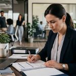 especialista de recursos humanos gestionando la nómina y documentación laboral legal en una oficina corporativa