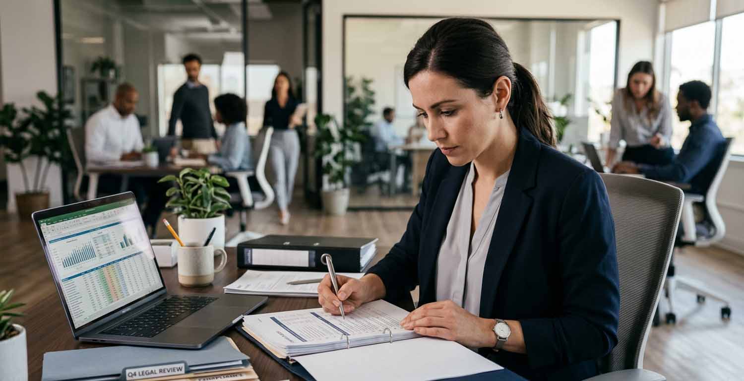 especialista de recursos humanos gestionando la nómina y documentación laboral legal en una oficina corporativa