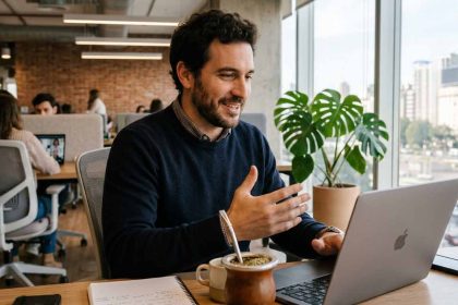 implementaicón de payrolling en argentina: empleado sentado frente a la laptop con un mate a su lado