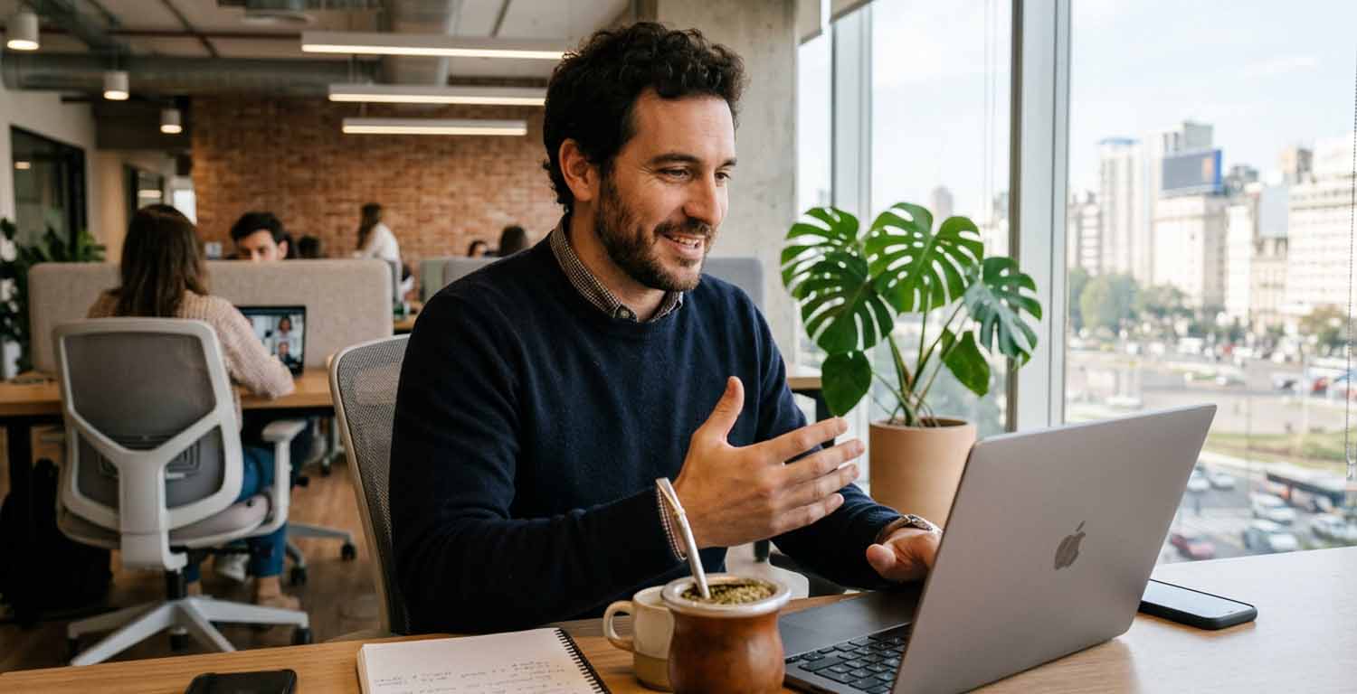 implementaicón de payrolling en argentina: empleado sentado frente a la laptop con un mate a su lado