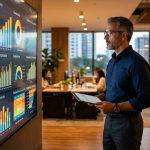 profesional masculino observa un dashboard de RRHH en pantalla grande con gráficos de retención de talento, embudo de reclutamiento, crecimiento de empleados y etapas de reclutamiento en una oficina de trabajo simbolizando las tendencias en gestión de nómina