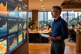 profesional masculino observa un dashboard de RRHH en pantalla grande con gráficos de retención de talento, embudo de reclutamiento, crecimiento de empleados y etapas de reclutamiento en una oficina de trabajo simbolizando las tendencias en gestión de nómina