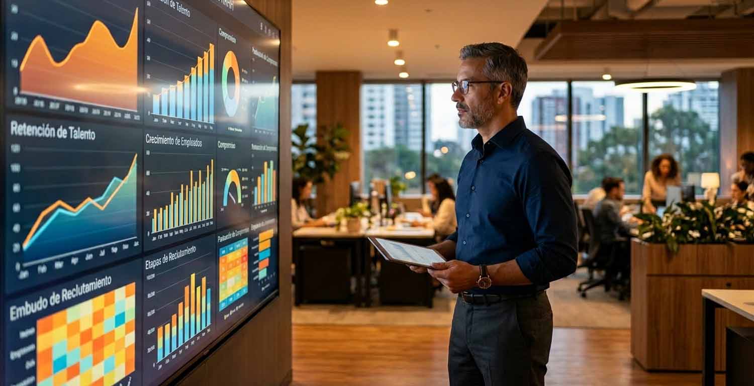 profesional masculino observa un dashboard de RRHH en pantalla grande con gráficos de retención de talento, embudo de reclutamiento, crecimiento de empleados y etapas de reclutamiento en una oficina de trabajo simbolizando las tendencias en gestión de nómina
