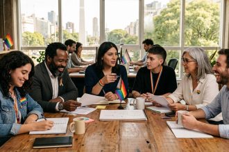 equipo de trabajo diverso en oficina de coworking reunidos a la mesa durante el mes del orgullo