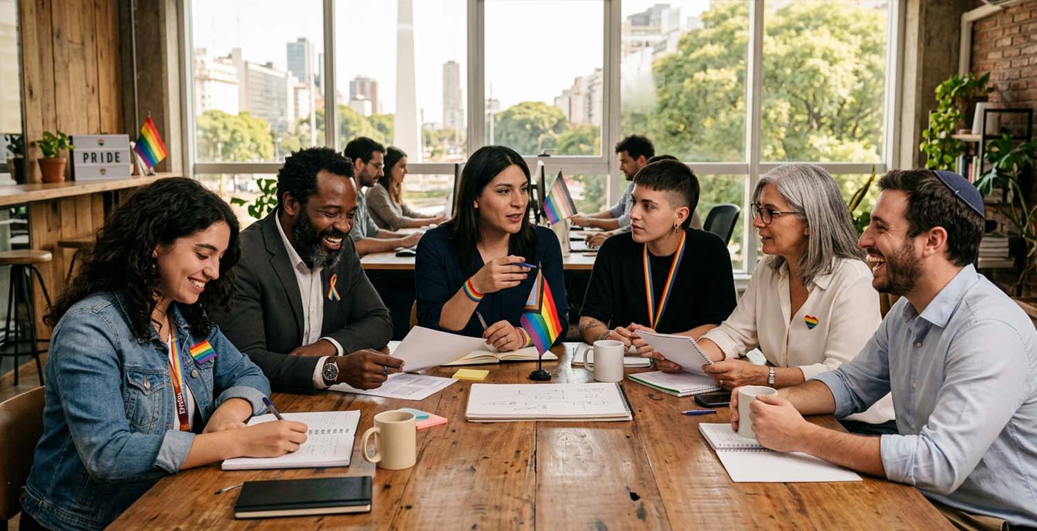 equipo de trabajo diverso en oficina de coworking reunidos a la mesa durante el mes del orgullo