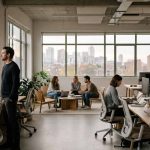 Oficina moderna con escritorios parcialmente ocupados y un profesional de pie mirando por la ventana, simbolizando la tensión entre presencialidad y trabajo híbrido