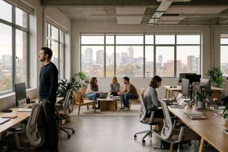 Oficina moderna con escritorios parcialmente ocupados y un profesional de pie mirando por la ventana, simbolizando la tensión entre presencialidad y trabajo híbrido