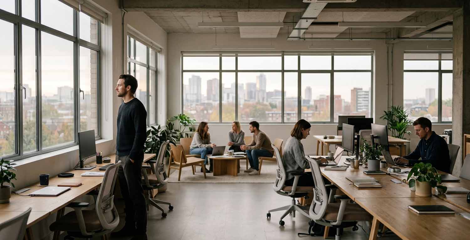 Oficina moderna con escritorios parcialmente ocupados y un profesional de pie mirando por la ventana, simbolizando la tensión entre presencialidad y trabajo híbrido