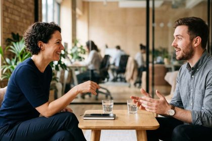 Especialista de reclutamiento entrevistando a un candidato en una oficina moderna como parte de un proceso de selección y adquisición de talento (RPO)