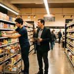 Profesionales revisando la disposición y exhibición de productos en un supermercado, representando cómo el trade marketing fortalece la estrategia comercial y optimiza la experiencia de compra