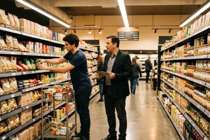 Profesionales revisando la disposición y exhibición de productos en un supermercado, representando cómo el trade marketing fortalece la estrategia comercial y optimiza la experiencia de compra