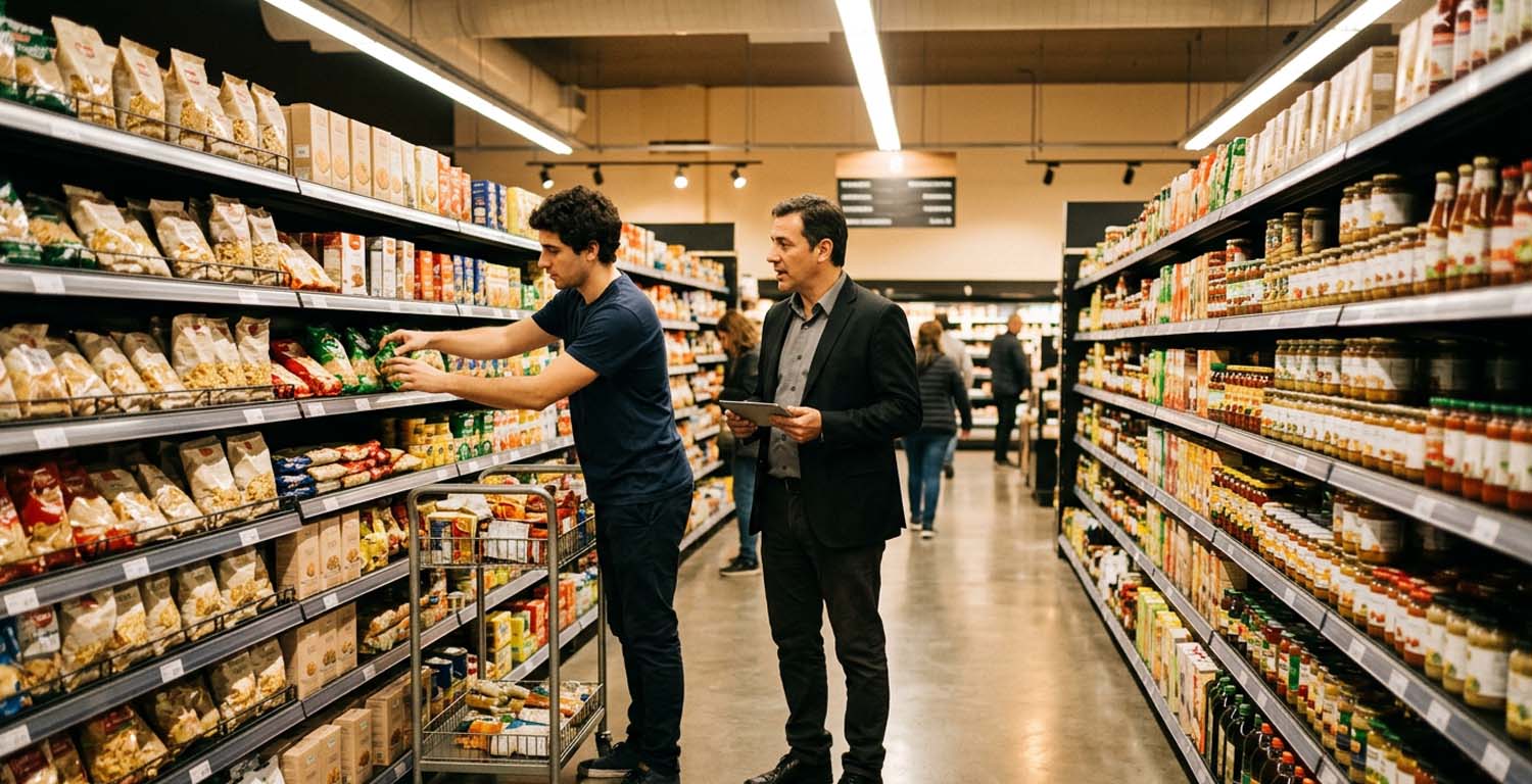 Profesionales revisando la disposición y exhibición de productos en un supermercado, representando cómo el trade marketing fortalece la estrategia comercial y optimiza la experiencia de compra