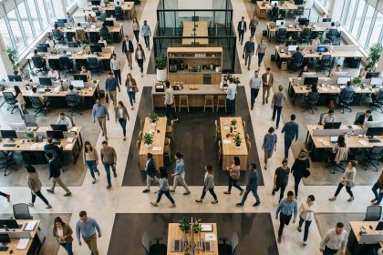 Vista aérea de una oficina moderna de planta abierta, con personas trabajando y desplazándose entre puestos de trabajo, en un entorno colaborativo y de desarrollo profesional
