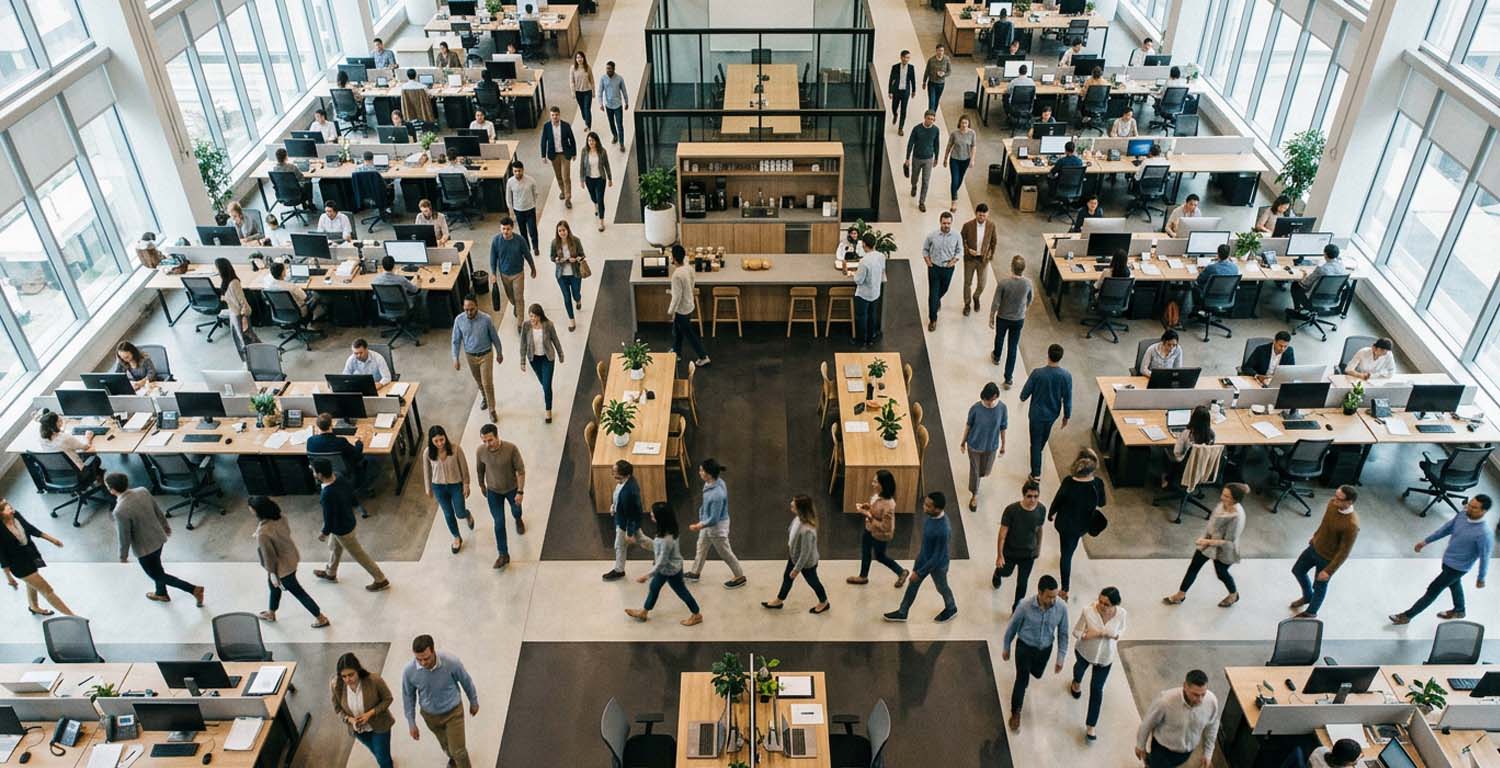 Vista aérea de una oficina moderna de planta abierta, con personas trabajando y desplazándose entre puestos de trabajo, en un entorno colaborativo y de desarrollo profesional