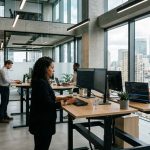 Oficina corporativa tecnológica donde equipos trabajan con herramientas digitales, representando el futuro del RPO y la evolución de los procesos de reclutamiento hacia 2026