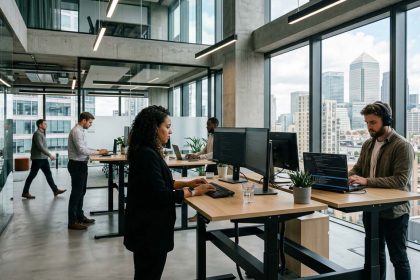 Oficina corporativa tecnológica donde equipos trabajan con herramientas digitales, representando el futuro del RPO y la evolución de los procesos de reclutamiento hacia 2026