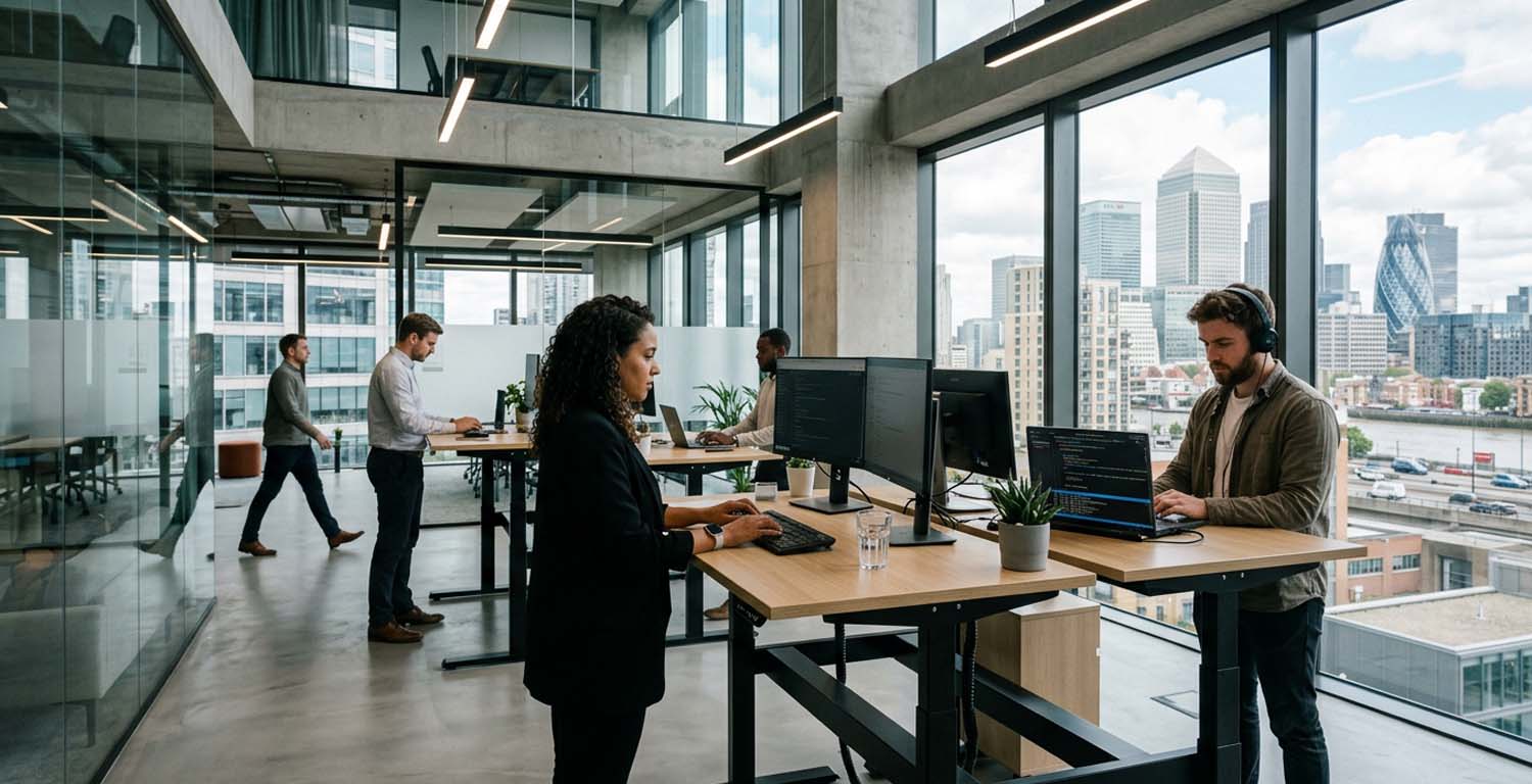 Oficina corporativa tecnológica donde equipos trabajan con herramientas digitales, representando el futuro del RPO y la evolución de los procesos de reclutamiento hacia 2026