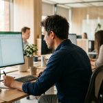 Profesional analizando indicadores y datos de desempeño en una hoja de cálculo, representando la medición de resultados de Trade Marketing mediante KPIs para evaluar la ejecución y optimizar la toma de decisiones