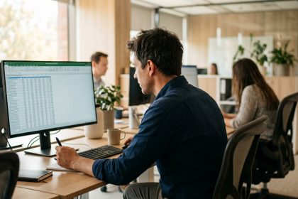 Profesional analizando indicadores y datos de desempeño en una hoja de cálculo, representando la medición de resultados de Trade Marketing mediante KPIs para evaluar la ejecución y optimizar la toma de decisiones