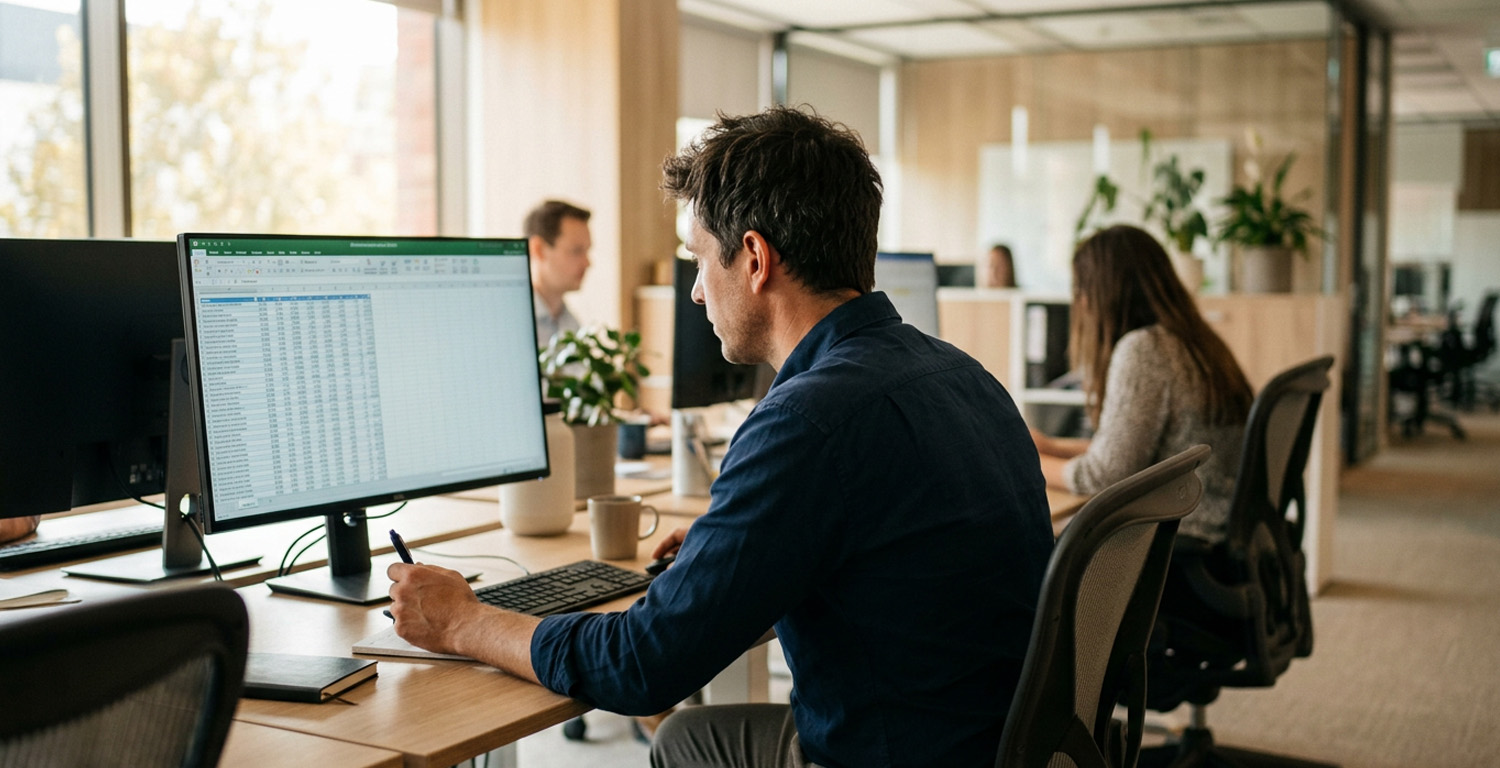 Profesional analizando indicadores y datos de desempeño en una hoja de cálculo, representando la medición de resultados de Trade Marketing mediante KPIs para evaluar la ejecución y optimizar la toma de decisiones