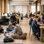 Equipos de trabajo colaboran en distintos espacios de una oficina moderna, combinando nuevas formas de trabajo y coordinación para acompañar procesos de transformación organizacional