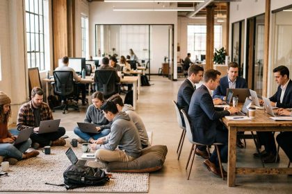 Equipos de trabajo colaboran en distintos espacios de una oficina moderna, combinando nuevas formas de trabajo y coordinación para acompañar procesos de transformación organizacional