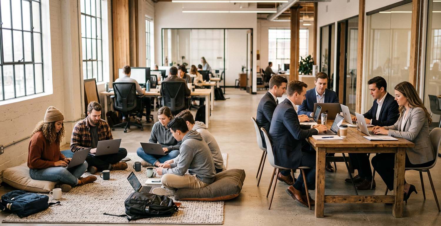 Equipos de trabajo colaboran en distintos espacios de una oficina moderna, combinando nuevas formas de trabajo y coordinación para acompañar procesos de transformación organizacional