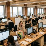 Oficina corporativa con múltiples equipos trabajando simultáneamente, representando los desafíos de gestionar procesos de reclutamiento y adquisición de talento a gran escala.