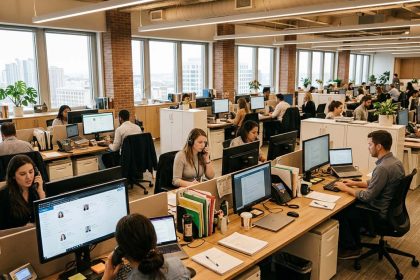 Oficina corporativa con múltiples equipos trabajando simultáneamente, representando los desafíos de gestionar procesos de reclutamiento y adquisición de talento a gran escala.