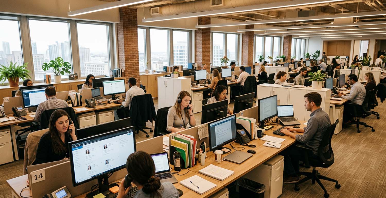 Oficina corporativa con múltiples equipos trabajando simultáneamente, representando los desafíos de gestionar procesos de reclutamiento y adquisición de talento a gran escala.