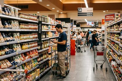 Profesional verificando productos y disponibilidad en góndola dentro de un supermercado, representando la importancia de una correcta ejecución en el punto de venta para evitar errores comunes en Trade Marketing