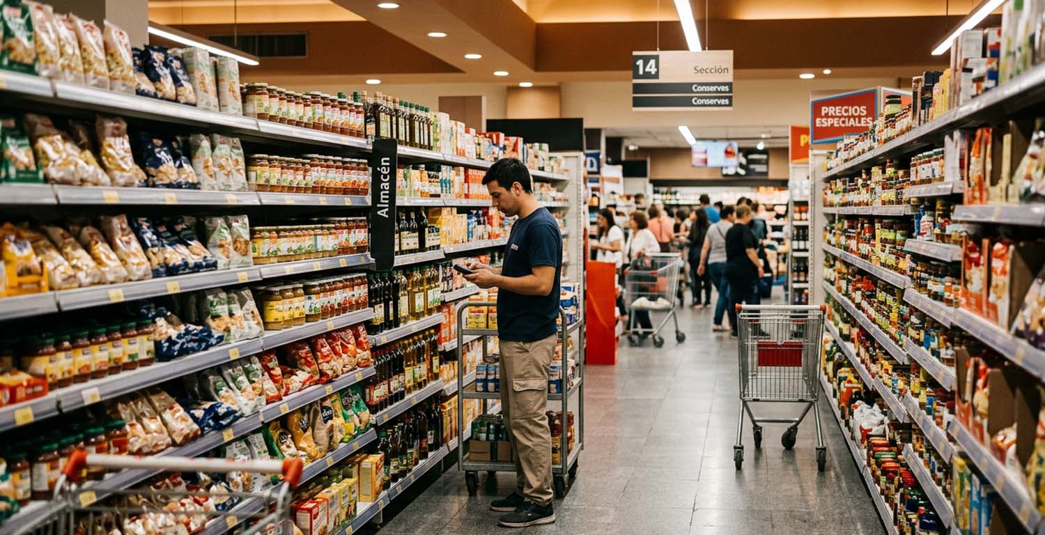 Profesional verificando productos y disponibilidad en góndola dentro de un supermercado, representando la importancia de una correcta ejecución en el punto de venta para evitar errores comunes en Trade Marketing