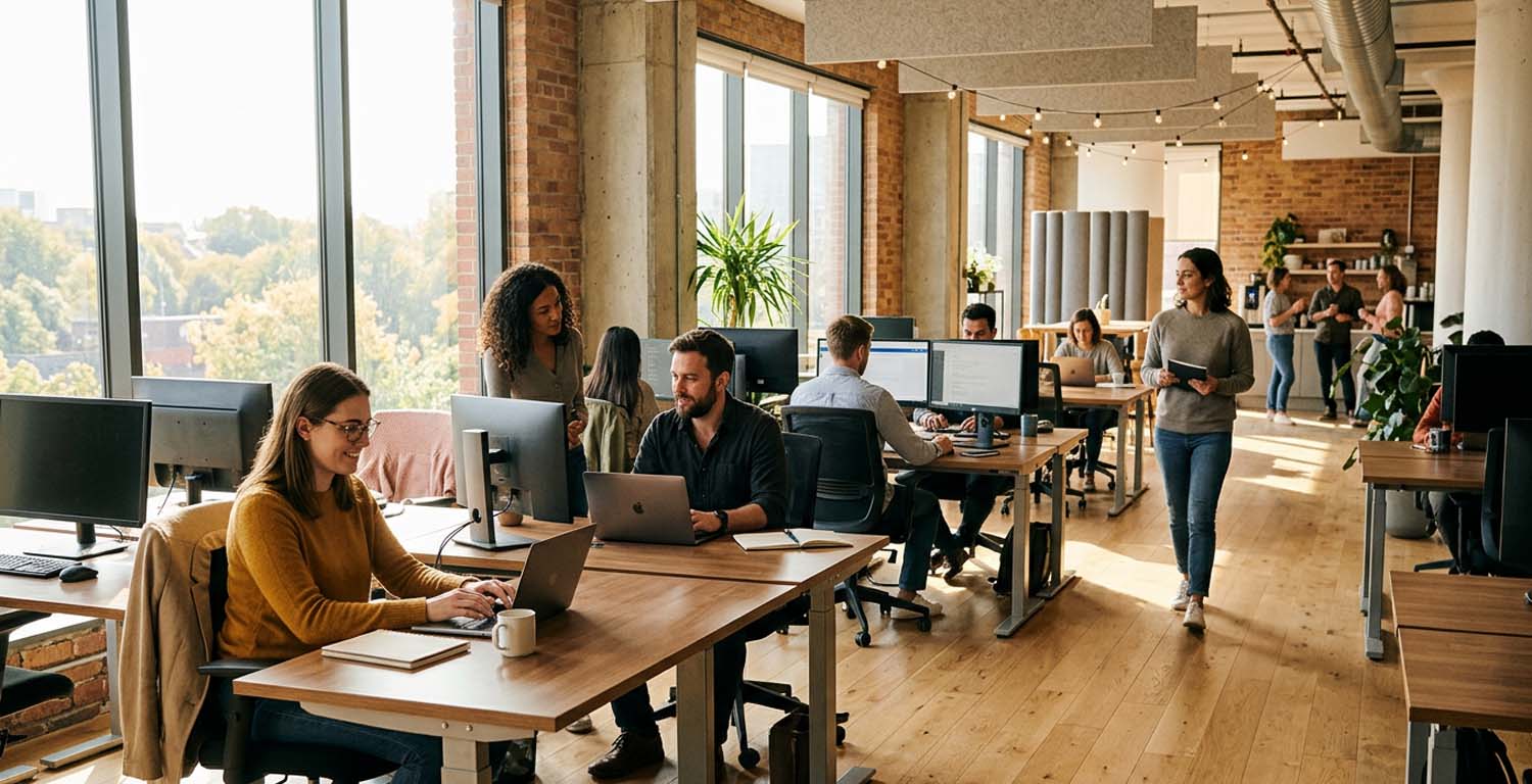 Oficina empresarial moderna donde se desarrollan procesos de atracción y selección de talento, representando la comparación entre reclutamiento tradicional y RPO