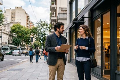 Profesionales realizando una visita a un punto de venta y analizando oportunidades comerciales, representando la externalización estratégica de Trade Marketing para optimizar la ejecución y la presencia de marca