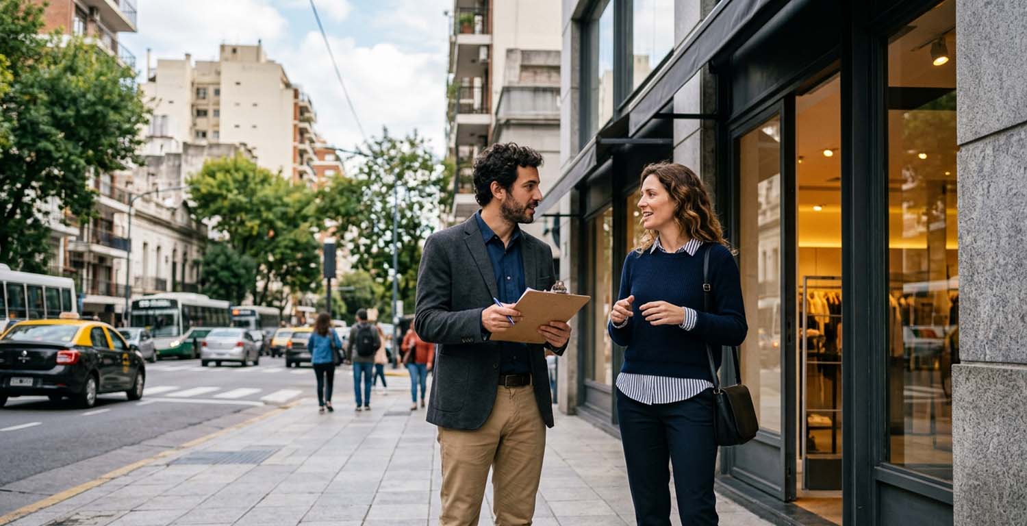 Profesionales realizando una visita a un punto de venta y analizando oportunidades comerciales, representando la externalización estratégica de Trade Marketing para optimizar la ejecución y la presencia de marca