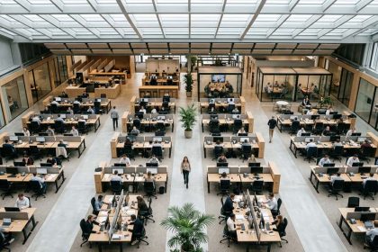 Oficina moderna con equipos distribuidos colaborando en diferentes áreas, representando la escalabilidad y flexibilidad que aporta el Recruitment Process Outsourcing (RPO) a los procesos de contratación