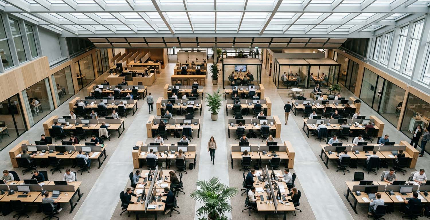 Oficina moderna con equipos distribuidos colaborando en diferentes áreas, representando la escalabilidad y flexibilidad que aporta el Recruitment Process Outsourcing (RPO) a los procesos de contratación