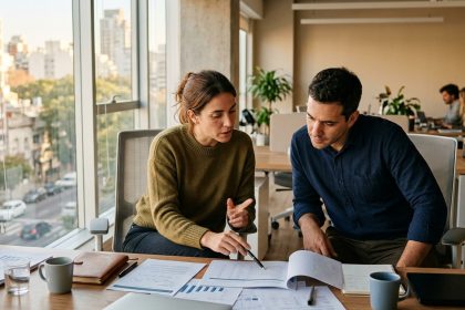 Profesionales analizando informes y métricas comerciales en una oficina corporativa, representando el proceso de evaluación y selección de un partner de Trade Marketing alineado con los objetivos del negocio.