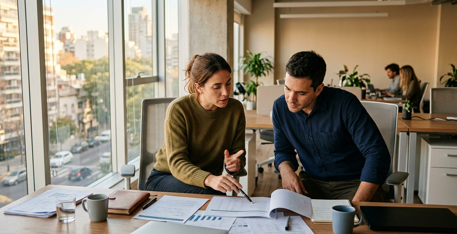 Profesionales analizando informes y métricas comerciales en una oficina corporativa, representando el proceso de evaluación y selección de un partner de Trade Marketing alineado con los objetivos del negocio.