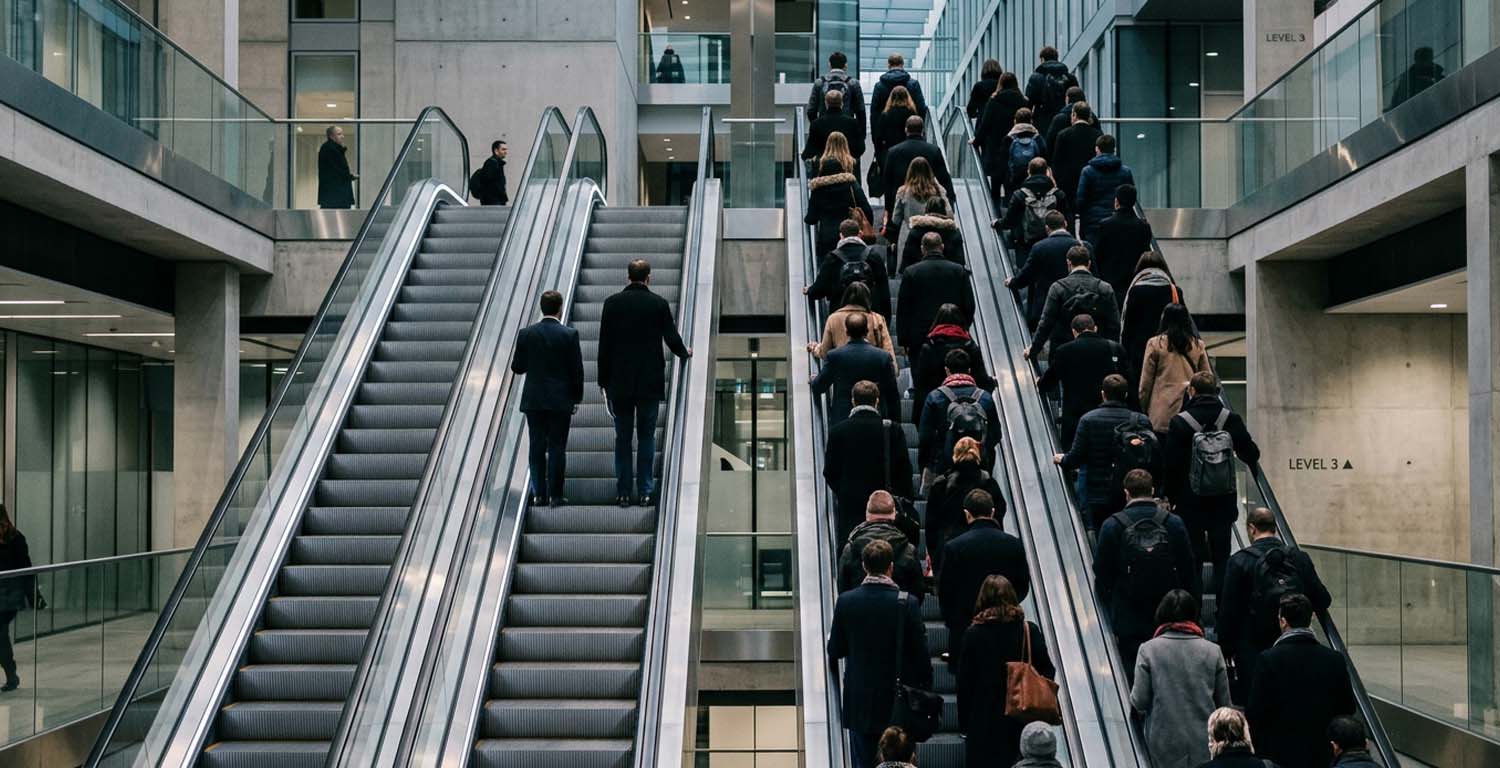 Profesionales desplazándose por escaleras mecánicas en un entorno corporativo, simbolizando la alineación del talento con los objetivos de la organización