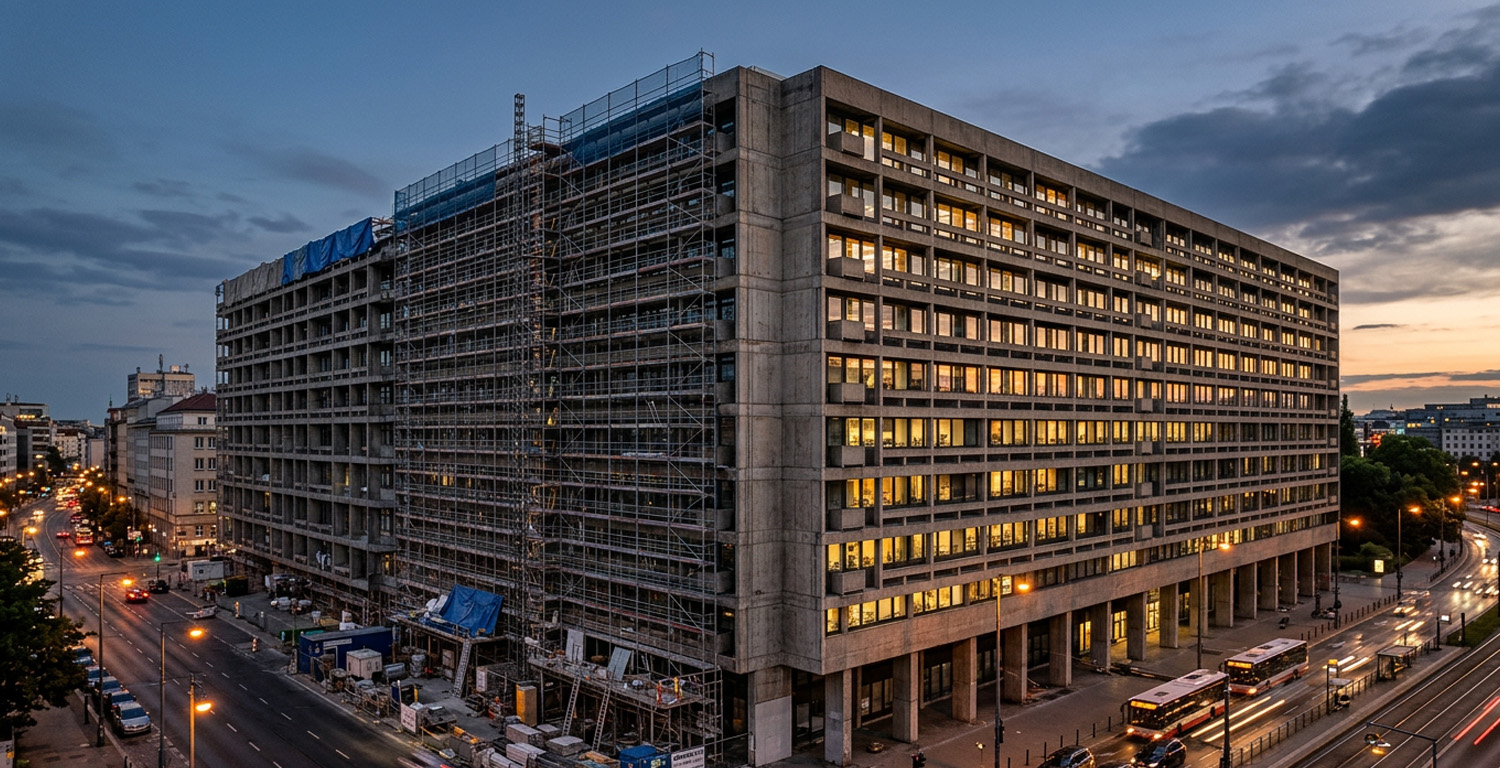 Edificio de oficinas en proceso de renovación, con andamios en una de sus fachadas mientras el resto de la estructura permanece operativo e iluminado