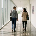 Dos personas mantienen una conversación en un entorno corporativo, reflejando comunicación y liderazgo en equipos de trabajo