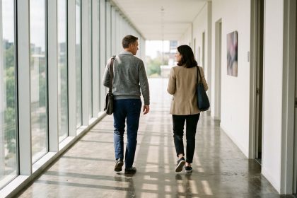 Dos personas mantienen una conversación en un entorno corporativo, reflejando comunicación y liderazgo en equipos de trabajo
