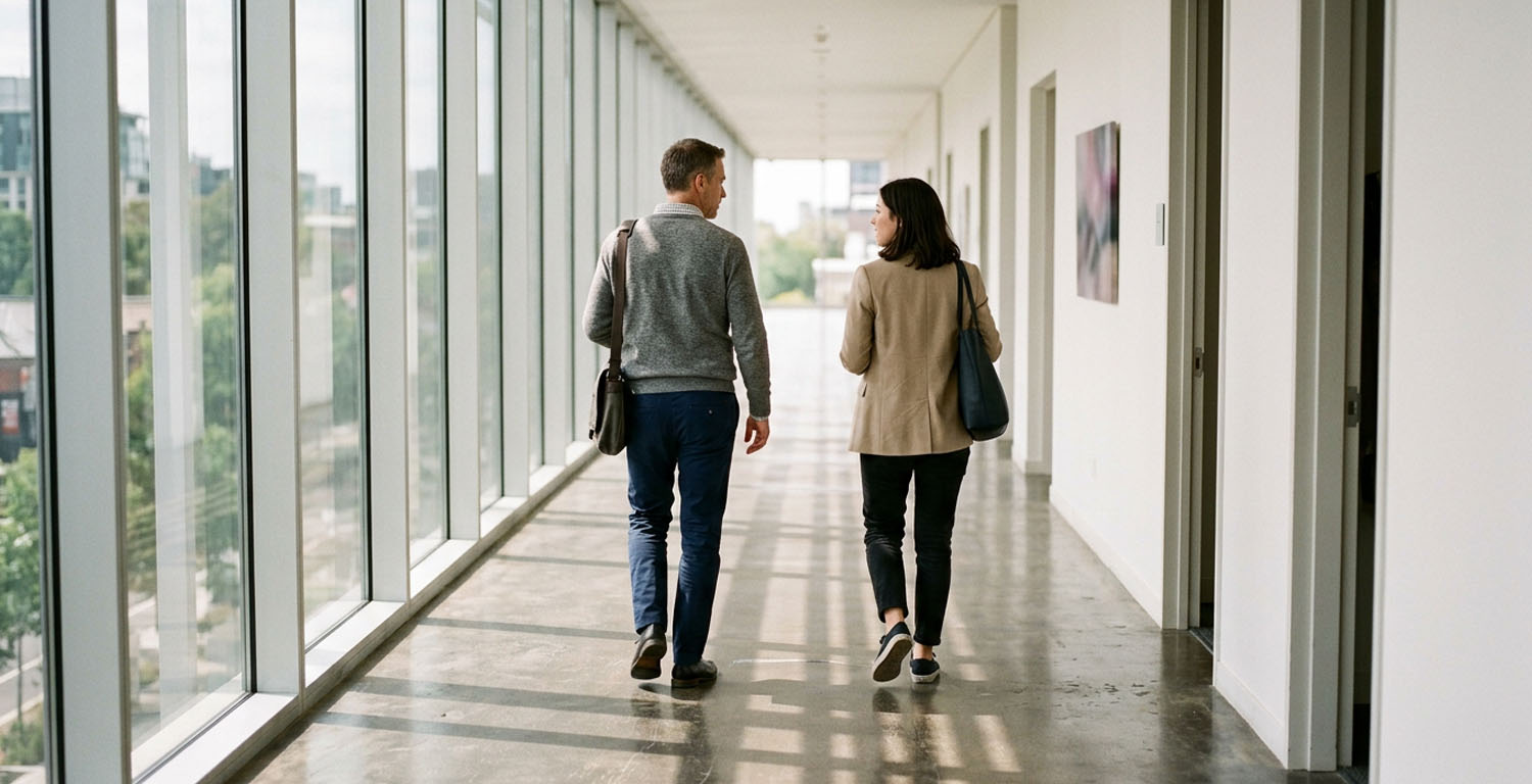 Dos personas mantienen una conversación en un entorno corporativo, reflejando comunicación y liderazgo en equipos de trabajo