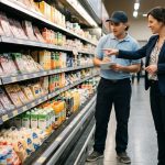 Supervisor capacitando y acompañando a un promotor en el punto de venta, representando estrategias de formación, apoyo y desarrollo para mejorar la retención de equipos de Trade Marketing