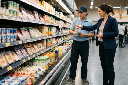 Supervisor capacitando y acompañando a un promotor en el punto de venta, representando estrategias de formación, apoyo y desarrollo para mejorar la retención de equipos de Trade Marketing
